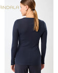 yoga langarm shirt merinowolle dunkelblau mandala crew neck wool mix night sky